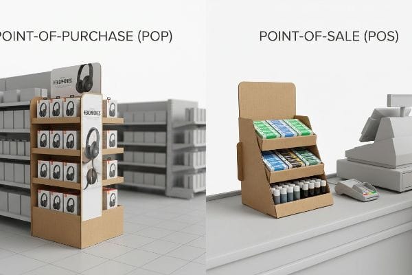 Contrasting Point-of-Purchase (POP) cardboard headphone displays in an aisle with Point-of-Sale (POS) tiered counter displays.