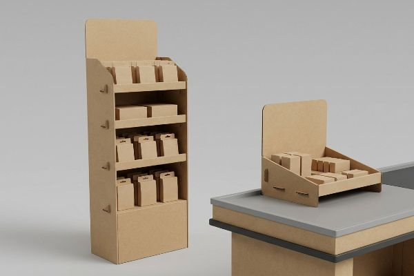 Natural brown cardboard POP floor display and a POS countertop unit on a checkout counter, both with small brown retail product boxes.