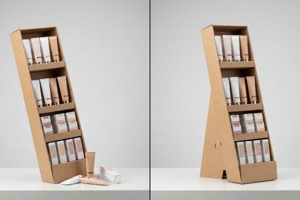 Two brown corrugated cardboard point-of-sale displays, one unstable with spilled cosmetics, the other stable with an extended easel back.