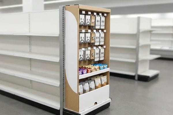 Brown cardboard power wing display on white gondola, featuring electronic cables and snack bags for cross-merchandising.