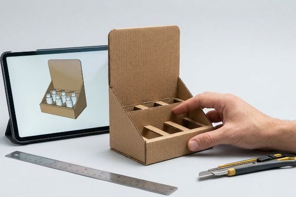 Brown corrugated cardboard display prototype being physically validated by a hand, beside a tablet showing its digital render for rapid prototyping.