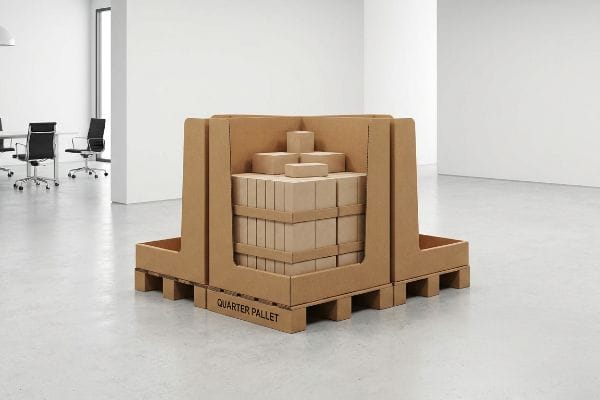 Brown corrugated cardboard Quarter Pallet display unit filled with stacked smaller brown boxes, set in a minimalist white room.