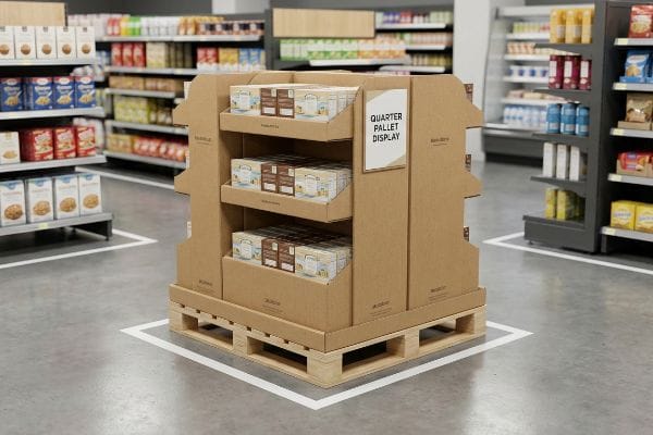 Corrugated cardboard quarter pallet display on a wooden pallet, stocked with product boxes in a supermarket, featuring a 'Quarter Pallet Display' sign.