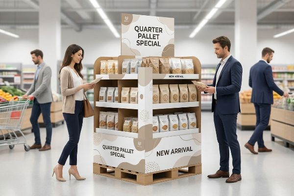Kraft cardboard quarter pallet display in a supermarket, featuring