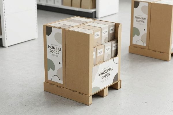 A corrugated cardboard quarter-pallet display unit showcases