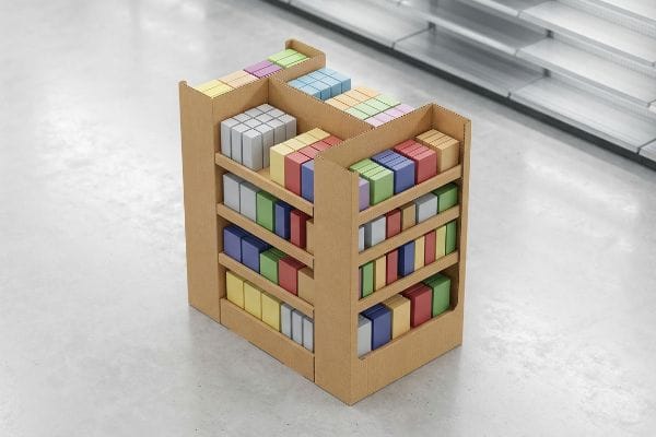 店舗の通路に並べられた、段ボール製の小売店用ディスプレイエンドキャップ。色とりどりの長方形の商品箱がずらりと並んでいる。.
