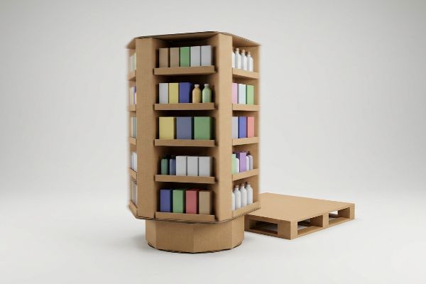 Expositor giratório hexagonal de papelão ondulado repleto de produtos para venda, ao lado de um quarto de palete.
