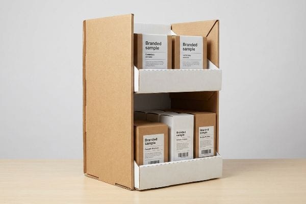 A two-tiered kraft and white cardboard retail display stand presents 'Branded sample' product boxes, an effective countertop unit.