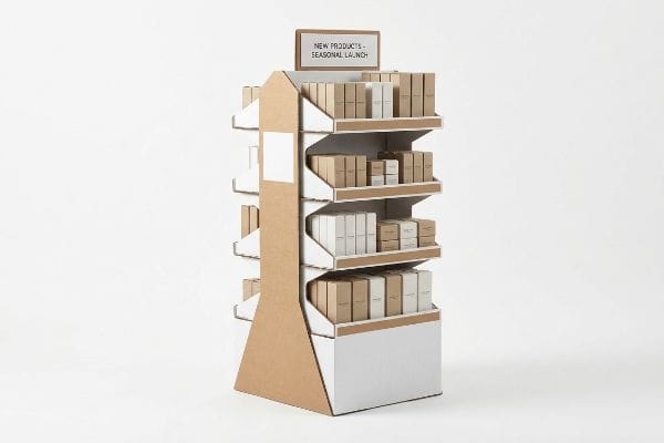 Ein Verkaufsständer aus Wellpappe mit weißen Regalböden, auf denen Kraftpapier- und weiße Produktkartons präsentiert werden, gekrönt von einem Schild mit der Aufschrift „Neue Produkte – Saisonale Markteinführung“.
