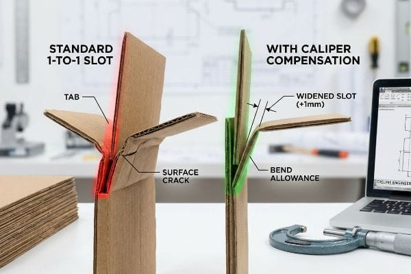 Corrugated cardboard comparison shows a Standard 1-to-1 Slot with a Surface Crack versus a compensated slot with a Widened Slot (+1mm) and Bend Allowance.