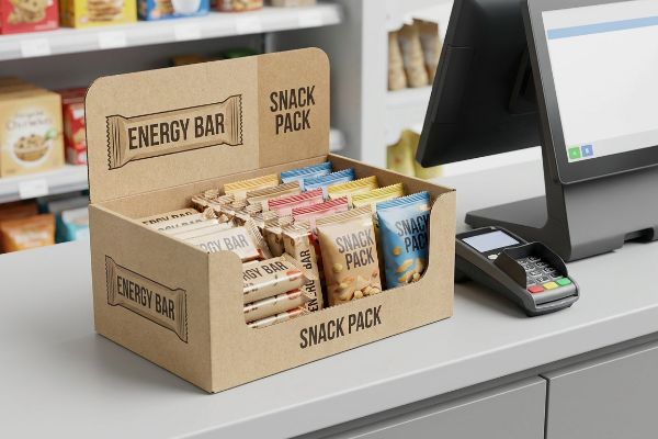 En la caja de una tienda de conveniencia, un mostrador de cartón marrón exhibe varios productos de gran consumo, como barras energéticas y paquetes de snacks, ubicado junto a un sistema de punto de venta negro para compras impulsivas.