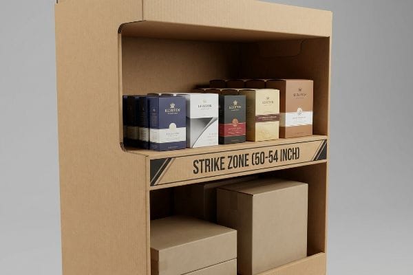 Corrugated cardboard retail display unit with KLYDEON products positioned in the Strike Zone (50-54 Inch), featuring lower bulk inventory.