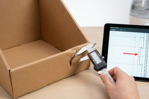 Brown corrugated cardboard box thickness measured by a digital caliper, alongside a tablet displaying a technical dieline diagram with a red arrow indicating a specific dimension.