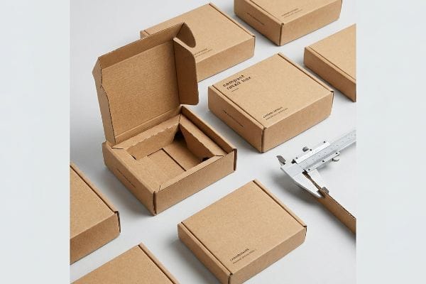An overhead view shows various brown cardboard compact retail boxes, one open revealing internal structure, with a caliper measuring cardboard thickness.