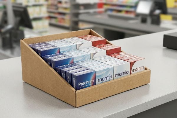 Natural brown corrugated tiered counter display unit with high product visibility for Prechrim, memin, malnia, and melnia boxes.