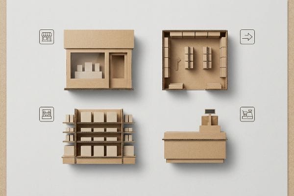 Depicting the four elements of visual merchandising, these corrugated cardboard models show a store exterior, interior layout, shelving, and a checkout counter.