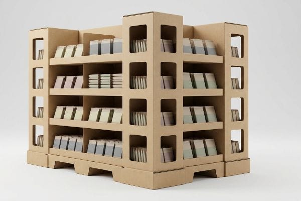 Natural brown cardboard multi-tiered retail display with windowed support columns, showcasing pastel-colored products for club store shop-through visibility.
