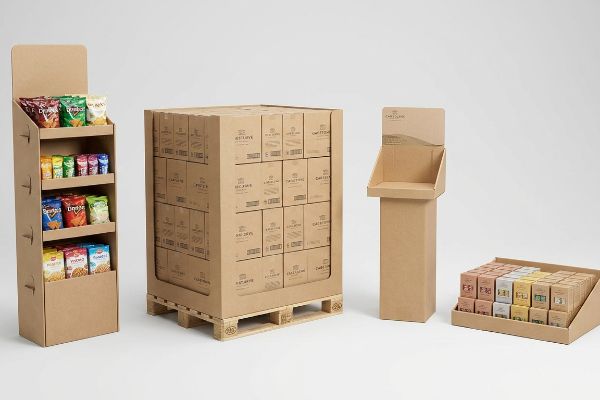 Kraft paperboard retail displays: floor merchandiser with snacks, Carteland pallet build, empty countertop unit, and shelf tray with small product boxes.