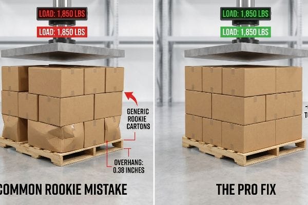 Crushed generic rookie cartons with 0.38 inch overhang on pallet under 1,850 Lbs load, contrasted with stable boxes on a Pro Fix pallet.