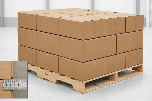 Brown corrugated boxes on a GMA pallet, with a ruler measuring the carton edge for precise zero-overhang.