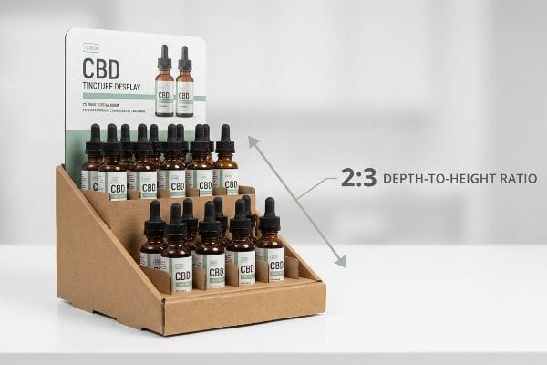 Corrugated cardboard CBD tincture display with amber glass bottles, highlighting a 2:3 depth-to-height ratio for stability.