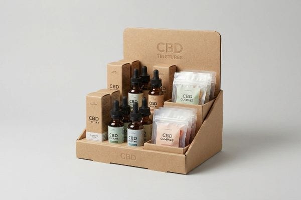 A natural kraft cardboard retail display organizes Cbd Tinctures in dropper bottles and Cbd Gummies pouches for point-of-sale merchandising.