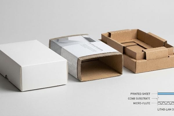 Micro-flute carton layers diagram: Printed Sheet, Ccnb Substrate, Litho-Lam, with packaging boxes.