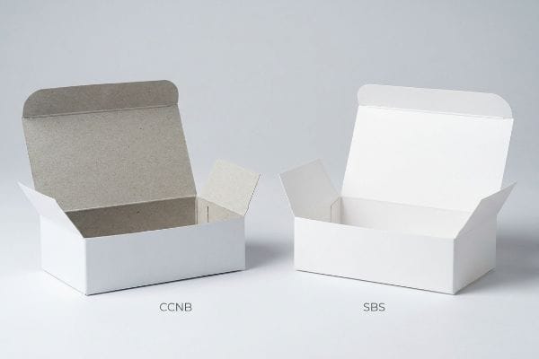 Grey interior of a CCNB folding carton next to a white SBS carton, both open, showcasing material differences.