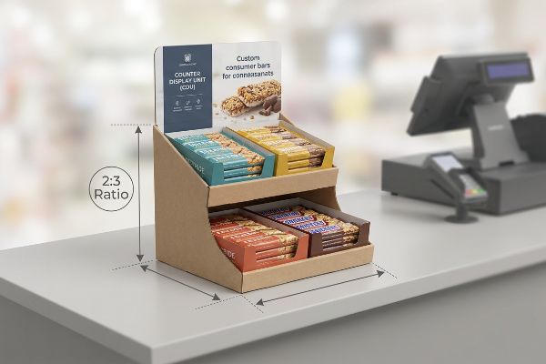Kraft cardboard Counter Display Unit (CDU) with a 2:3 ratio, displaying custom consumer bars for connaasanats.