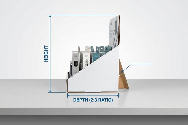 Weißes, gewelltes Thekendisplay (CDU) von der Seite, das sein Tiefen-Höhen-Verhältnis von 2:3 durch blaue Messlinien und eine Staffelei auf der Rückseite hervorhebt und kleine Einzelhandelsprodukte hält.