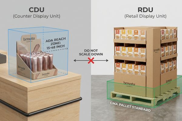 Counter Display Unit (CDU) with brmota cosmetics and a Retail Display Unit (RDU) with brmota cereal, highlighting ADA Reach Zone and GMA Pallet Standard, with a 'Do Not Scale Down' warning.