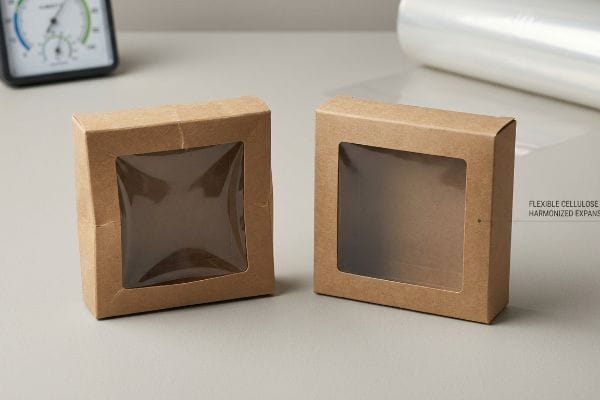 Two empty kraft paper boxes with clear window patches, alongside a roll of Flexible Cellulose Harmonized Expansion film.