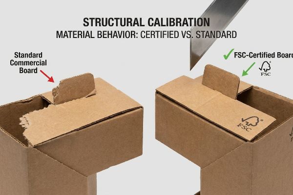 Brown corrugated boxes show Structural Calibration: Material Behavior: Certified Vs. Standard. Left, torn Standard Commercial Board; right, intact FSC-Certified Board with FSC logo.
