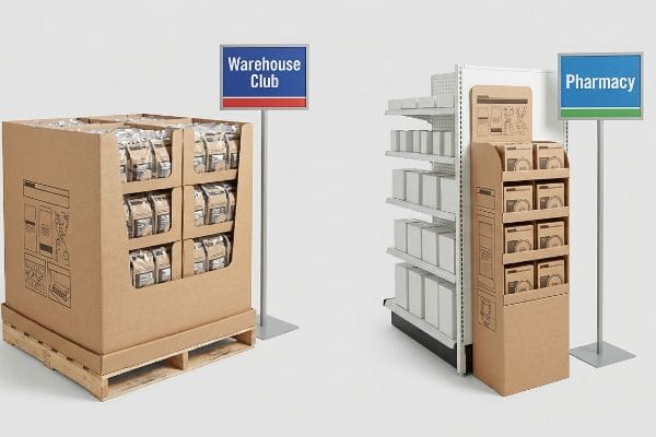 Corrugated cardboard pallet display for a Warehouse Club and a narrow sidekick unit for a Pharmacy, illustrating distinct retail merchandising solutions.