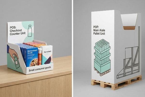 POS Checkout Counter Unit with products and POP Main Aisle Pallet Unit on a wooden pallet.