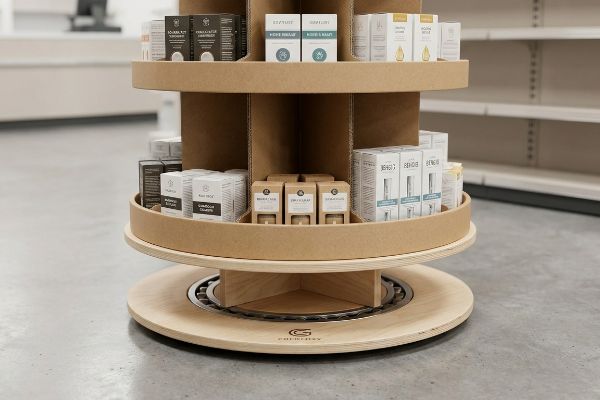 Um expositor giratório personalizado de vários níveis, feito de madeira leve e papelão, repleto de diversas caixas pequenas de produtos nas cores preto, branco e marrom, com o logotipo da Cherishy na base.