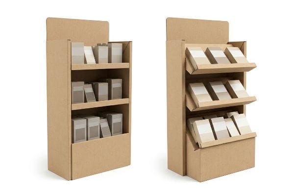 Corrugated retail display stands, one with flat shelves, the other with angled 'Chin-Up' shelves for product visibility.