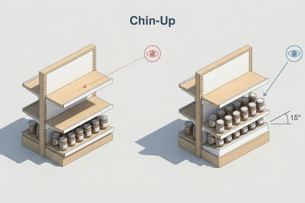 Wooden retail display shelves illustrate the Chin-Up shelf rule, showing flat shelves versus 15-degree angled shelves for improved product visibility of glass jars.