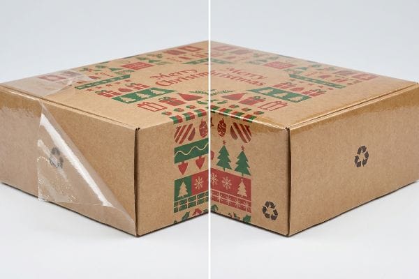 Brown kraft Christmas box with peeling transparent PLA bio-plastic film, revealing cardboard and 'Merry Christmas' text.
