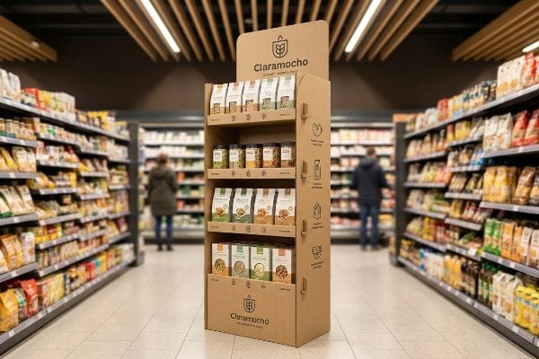 A grocery store aisle features a freestanding corrugated merchandiser for Claramochó, showcasing Gourmet, Bio & Más products.