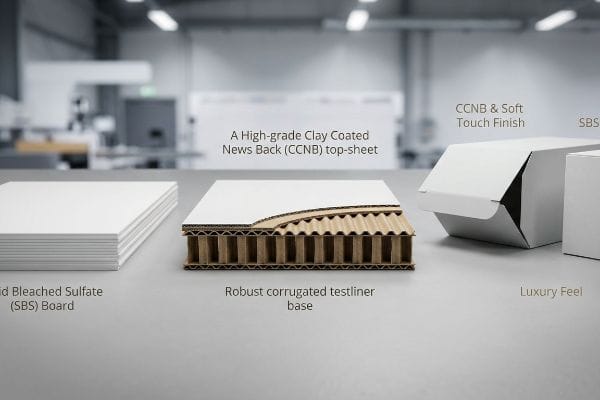 Stacked Solid Bleached Sulfate (SBS) board, a cross-section of robust corrugated testliner base with Clay Coated News Back (CCNB) top-sheet, and white boxes showcasing a luxury soft touch finish.