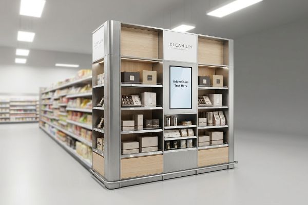 Modern retail endcap display for Cleanium, with digital screen and boxed products.