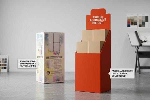 A rookie mistake display with Standard Box & CMYK Blending stands beside a Pro Fix: Aggressive Die-Cut & Spot Color Flood orange merchandiser.