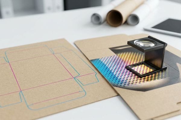 Brown cardboard sheets show a dieline blueprint and a loupe magnifying CMYK halftone dots for print quality inspection.