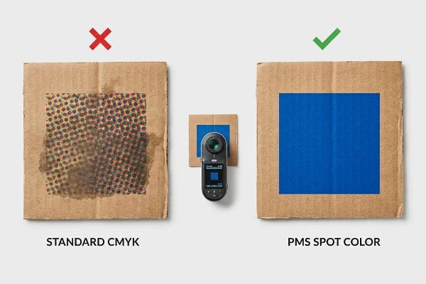 Corrugated board comparison: Standard Cmyk shows ink absorption and dot gain, while Pms Spot Color is crisp, measured by a colorimeter.