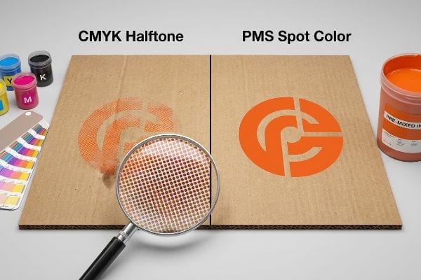 瓦楞纸板上印着模糊的 CMYK 半色调标志，带有点状图案，以及预混油墨印制的鲜艳的 PMS 专色标志，展示了实色颜料印刷的效果。.