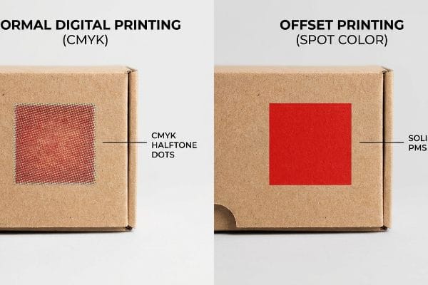 Brown cardboard box comparing Normal Digital Printing (CMYK) halftone dots to Offset Printing (Spot Color) with solid PMS red.