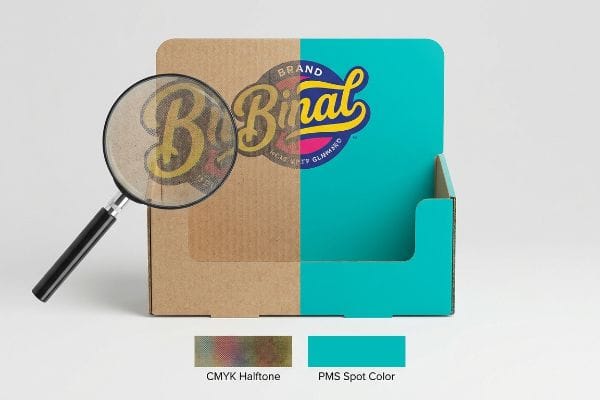 Wellpapp-Displayeinheit zum Vergleich von CMYK-Halbton-Schlamm und leuchtendem PMS-Sonderfarbendruck für das Marken-Binal-Logo, vergrößert, um Punktmuster zu zeigen.