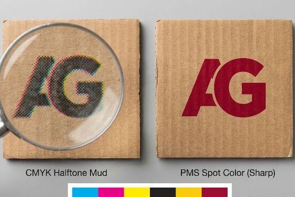 Corrugated cardboard displays CMYK Halftone Mud with visible dots under magnification, contrasting with a sharp PMS Spot Color AG logo.