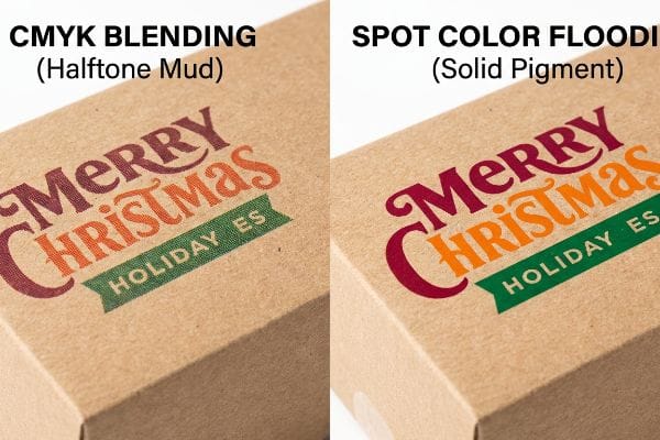 Brown cardboard box showing CMYK Blending with Halftone Mud, featuring dull Merry Christmas and Holiday Es text.
